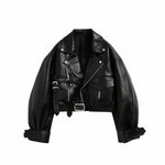 Atsorb Black Cropped Oversized Biker Jacket with Belt and Utility Pockets